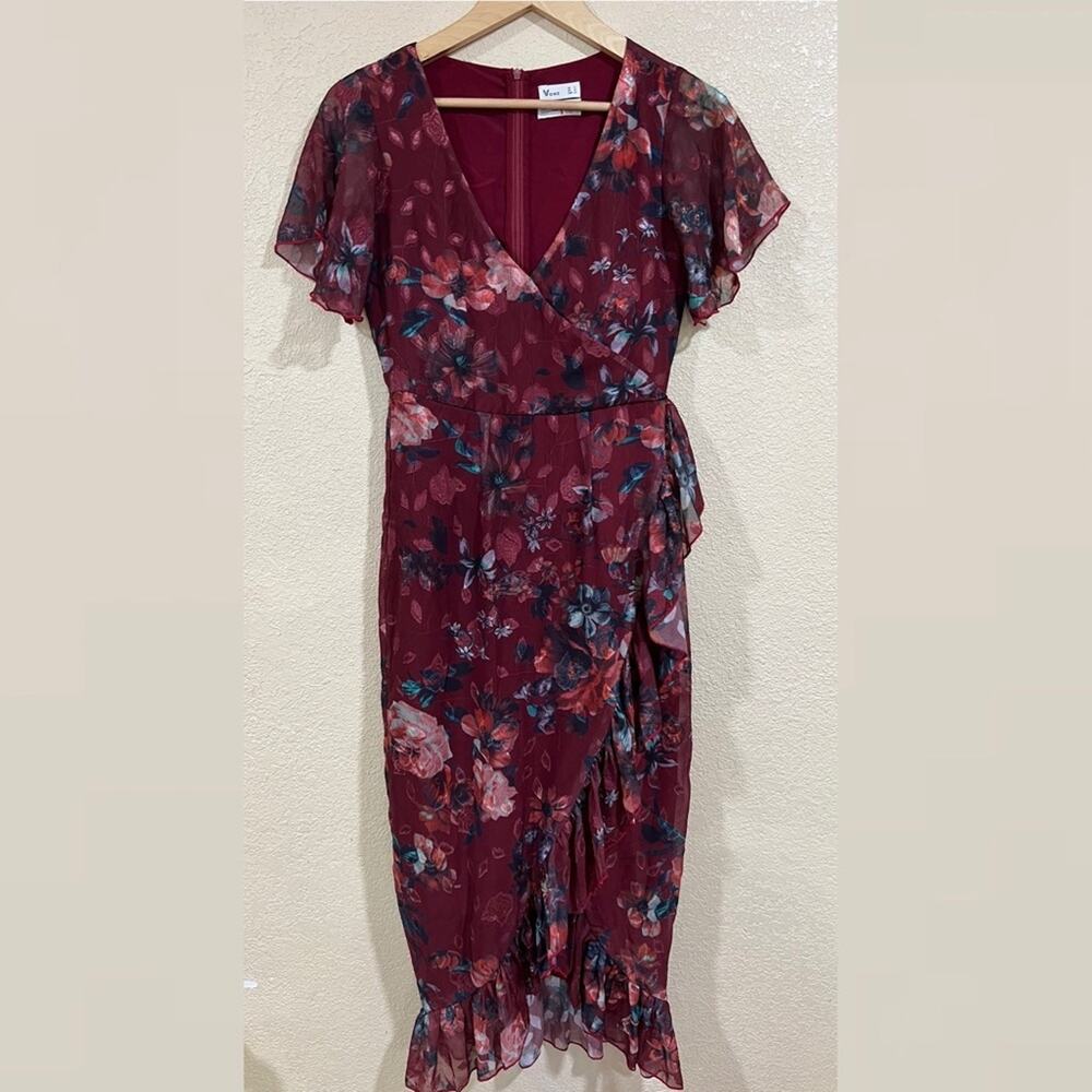 VONE Mireya Floral Ruffle Faux Wrap Midi Dress